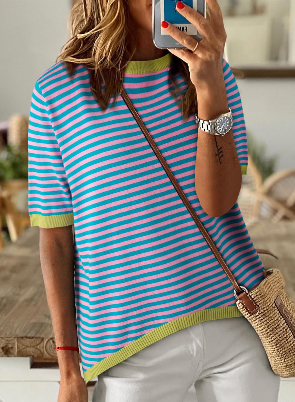 Womens Tops CasualCrewneck Short Sleeve Striped Color Block Knit Trendy Pullover Sweaters