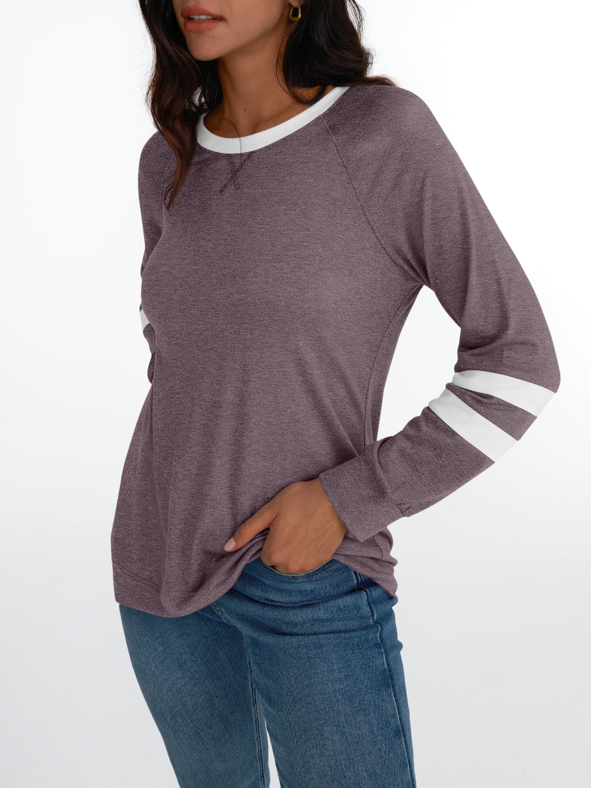 Womens Long Sleeve Shirts Color Block Casual Crewneck Tops Tshirt Basic Tees Fashion Clothes Trendy Outfits