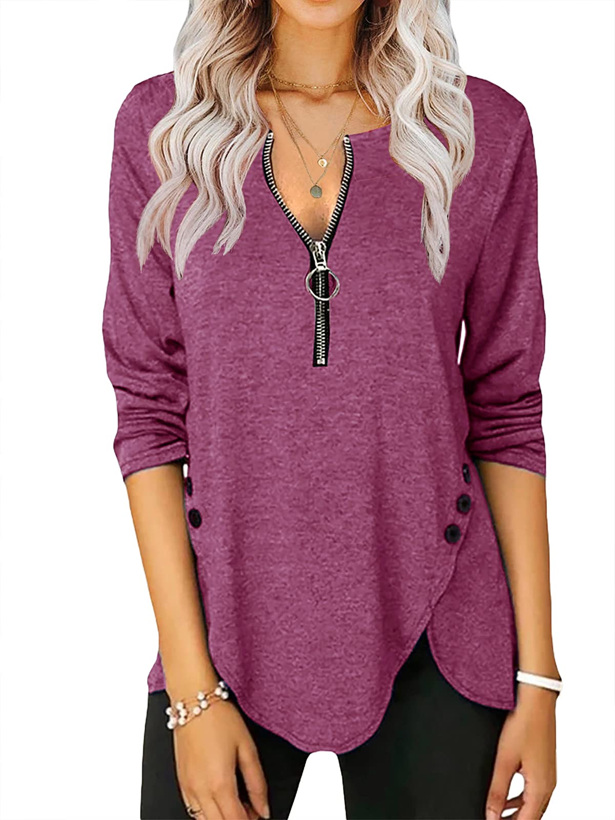 Womens Casual Long Sleeve Tunic Shirts Round Neck Button Side Blouses Tops
