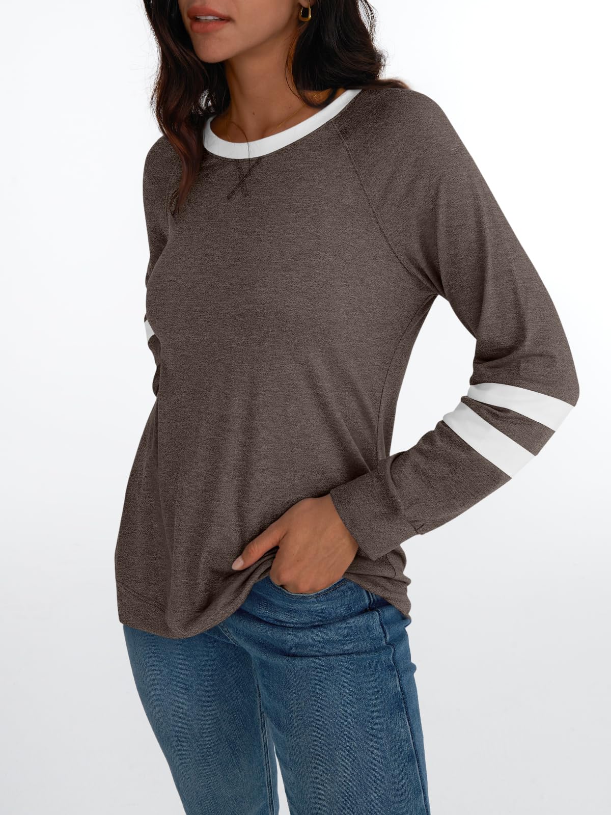 Womens Long Sleeve Shirts Color Block Casual Crewneck Tops Tshirt Basic Tees Fashion Clothes Trendy Outfits