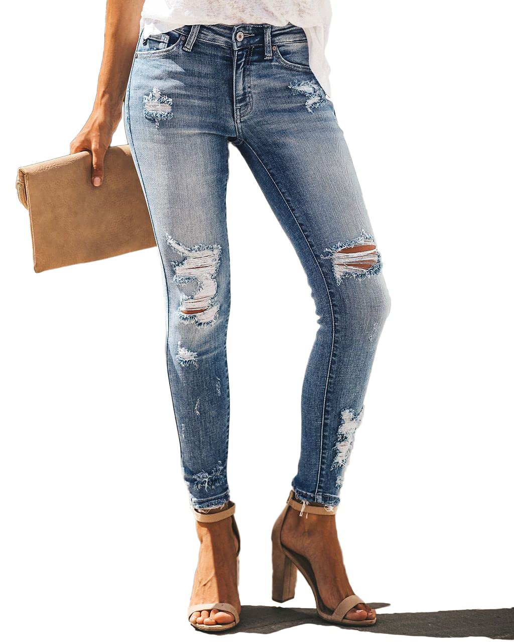 Women's High Rise Skinny Stretch Ripped Jeans High Waisted Destroyed Denim Pants