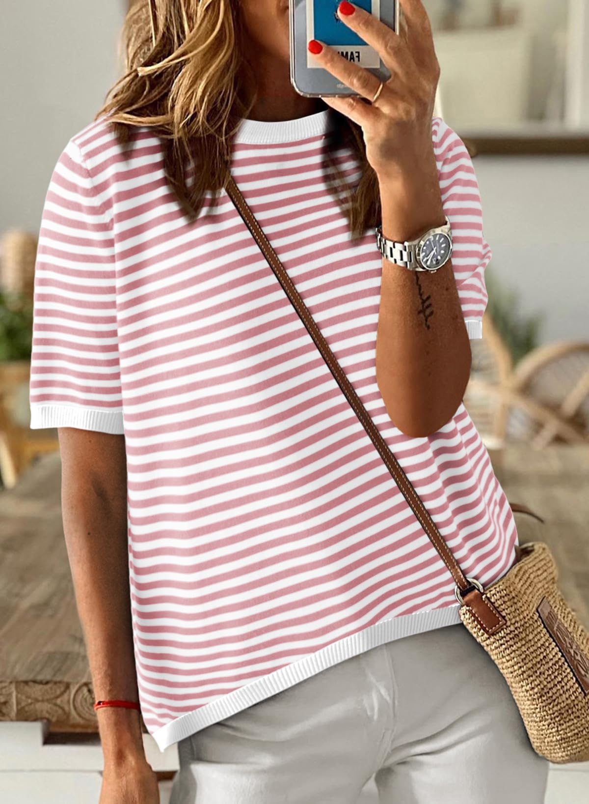 Womens Tops CasualCrewneck Short Sleeve Striped Color Block Knit Trendy Pullover Sweaters