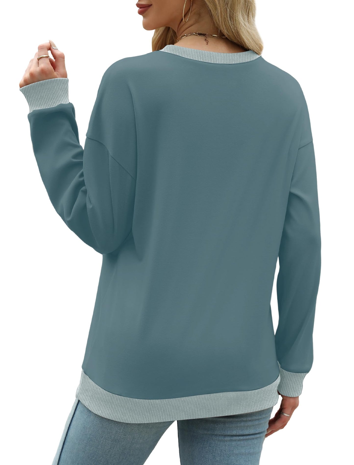 Sweatshirts for Women Crewneck Long Sleeve Loose Fit Tops Color Block Ribbed Trim Fashion