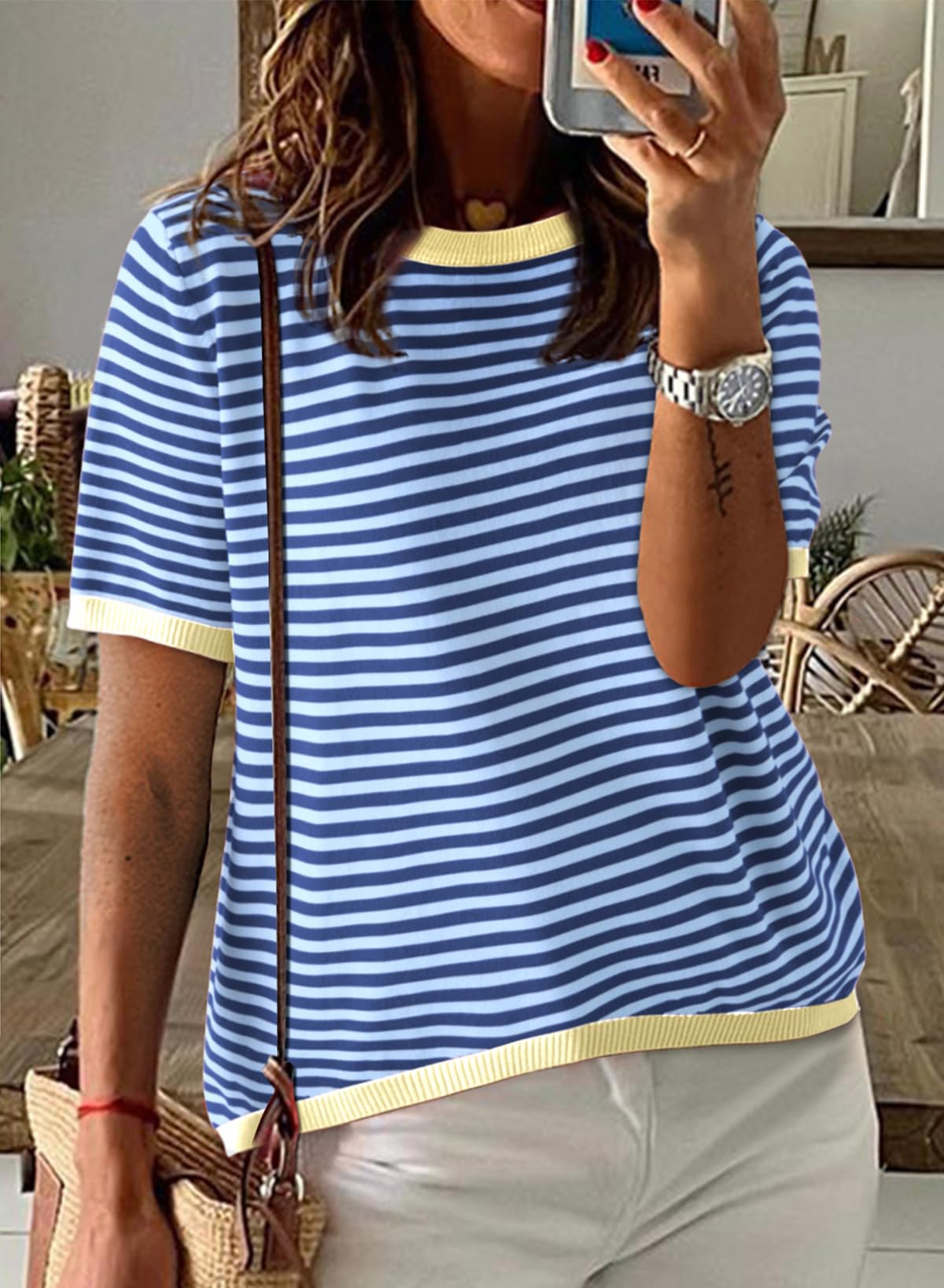 Womens Tops CasualCrewneck Short Sleeve Striped Color Block Knit Trendy Pullover Sweaters