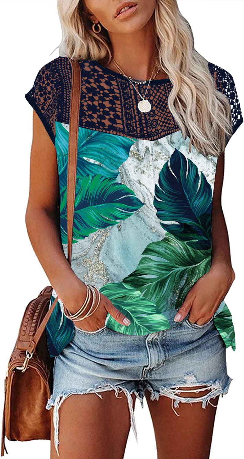 Womens Cap Sleeve Tops 2024 Trendy Floral Print Summer Tops Loose Fit Lace T Shirts Blouses