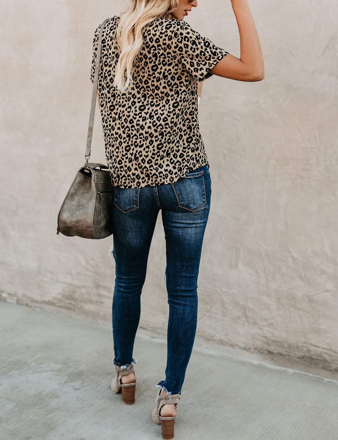 Womens Leopard Print Tops Short Sleeve Round Neck Casual T Shirts Tees