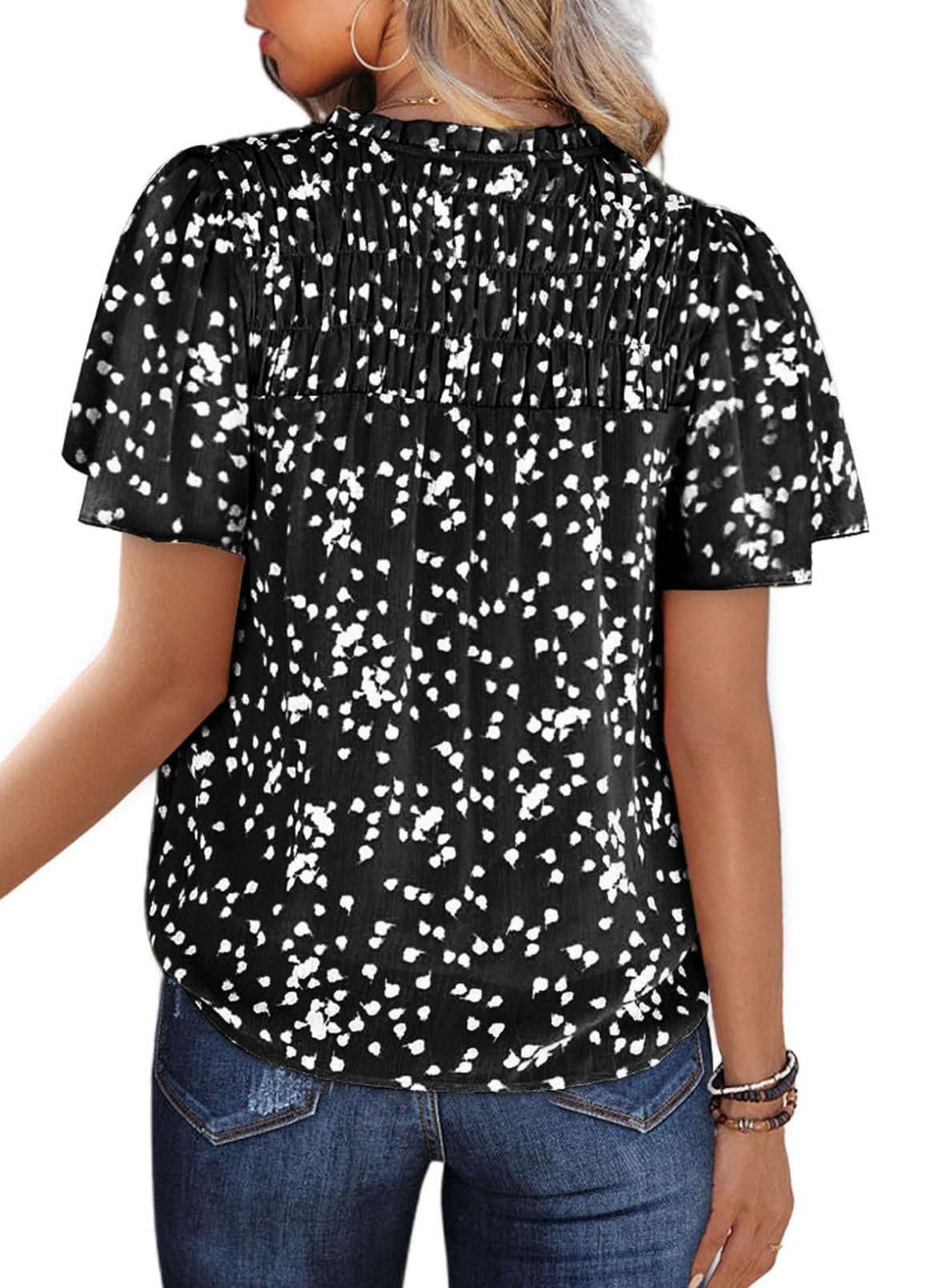 Women's Casual V Neck Floral Print Smocked Short Sleeve Chiffon Blouses Bohemian Top Shirts