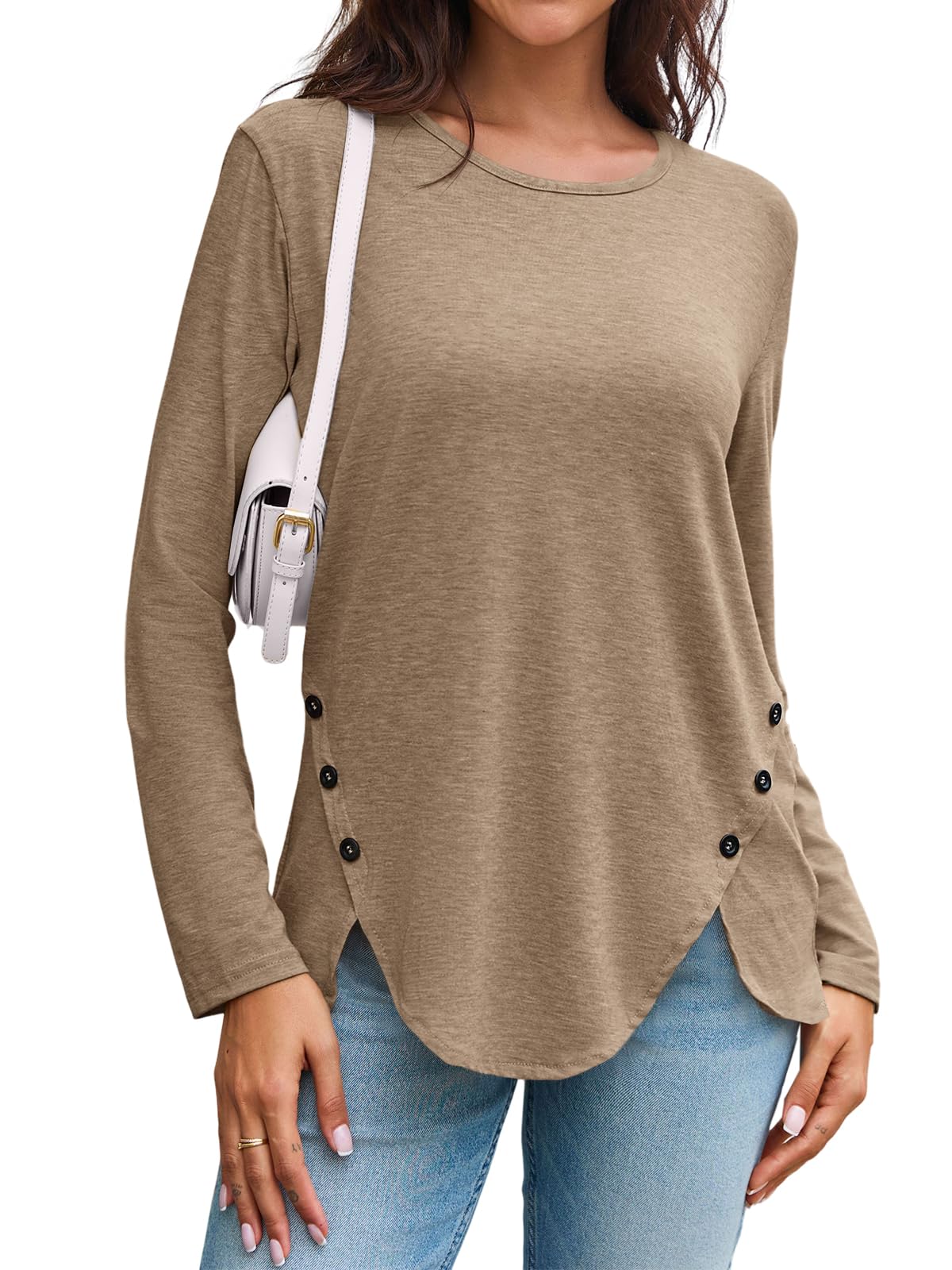 Womens Casual Long Sleeve Tunic Shirts Round Neck Button Side Blouses Tops