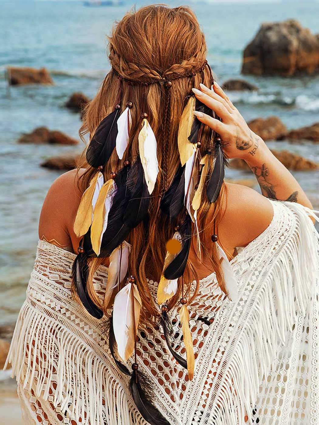 GORTIN Boho Feather Headband Gypsy Headpiece Headdress Bohemian Hippie Headbands Indian Festival Hair Band Adjust Long Feather Hair Accessories for Women and Girls (Black+Green)