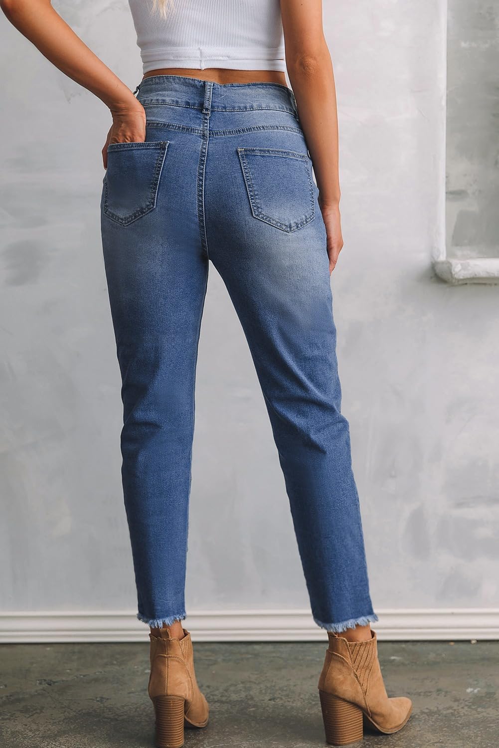 Women's High Waisted Jeans Strechy Raw Hem Straight Leg Denim Pants with Pockets