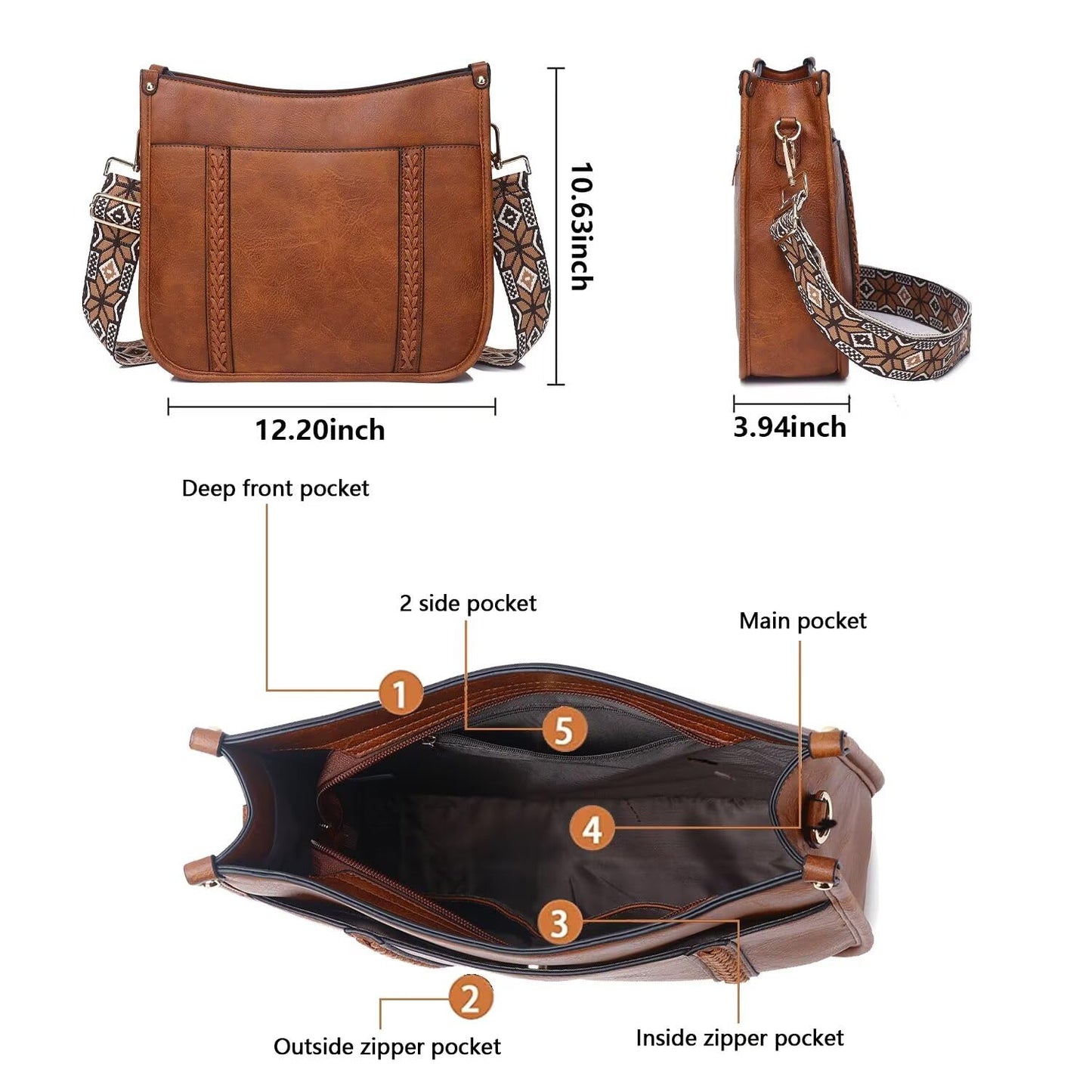 Vegan Leather Crossbody Bags for Women, Crossbody Purse with Guitar Strap Zipped Pockets Handbag
