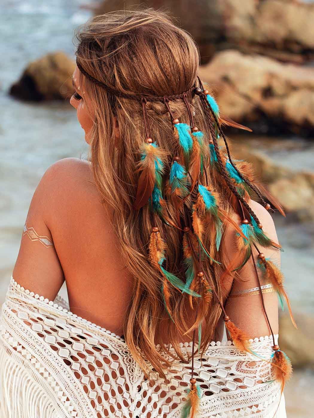 GORTIN Boho Feather Headband Gypsy Headpiece Headdress Bohemian Hippie Headbands Indian Festival Hair Band Adjust Long Feather Hair Accessories for Women and Girls (Black+Green)