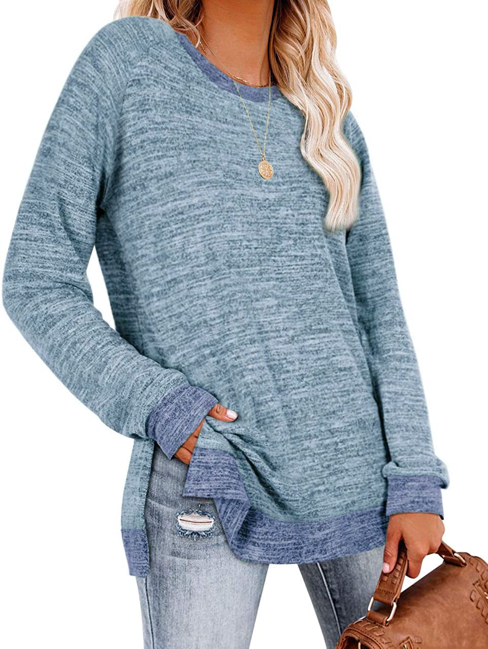 Womens Crewneck Pullovers Color Block Long Sleeve Side Split Tunic Tops