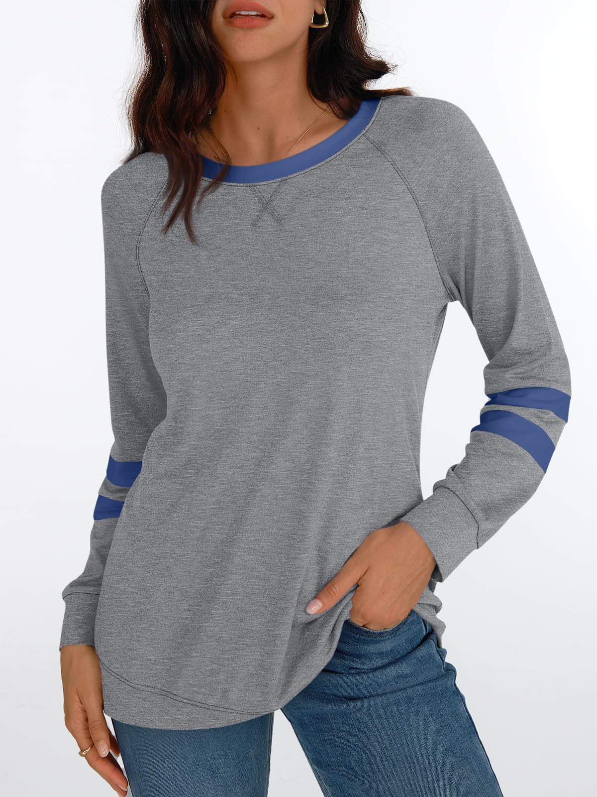 Womens Long Sleeve Shirts Color Block Casual Crewneck Tops Tshirt Basic Tees Fashion Clothes Trendy Outfits