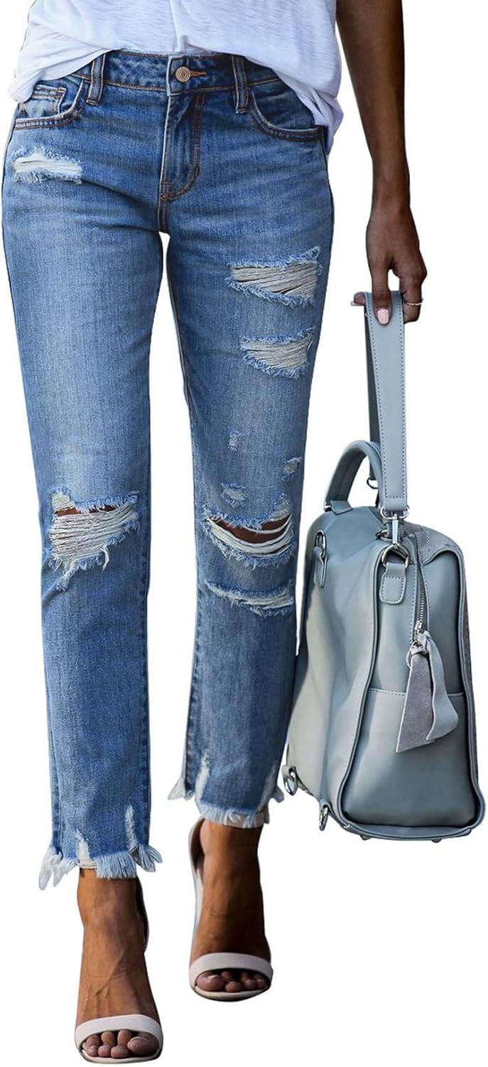 Women's Ripped Jeans Straight Leg Distressed Boyfriend Denim Pants
