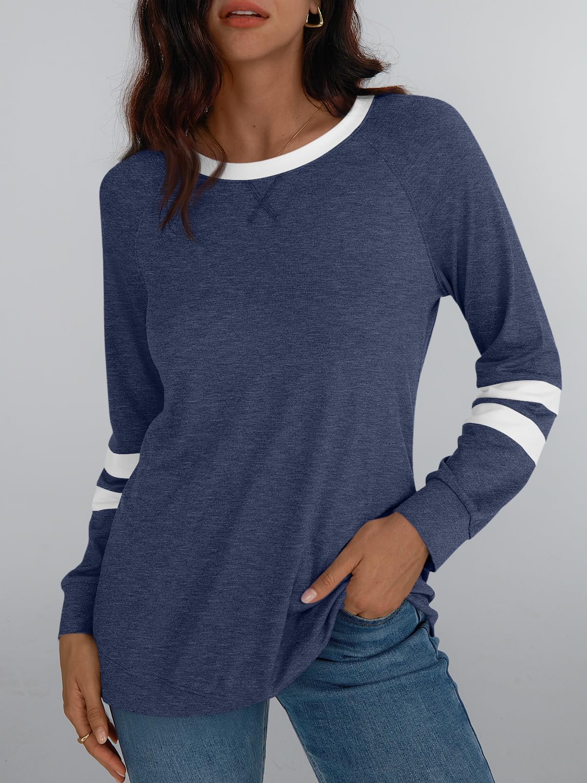 Womens Long Sleeve Shirts Color Block Casual Crewneck Tops Tshirt