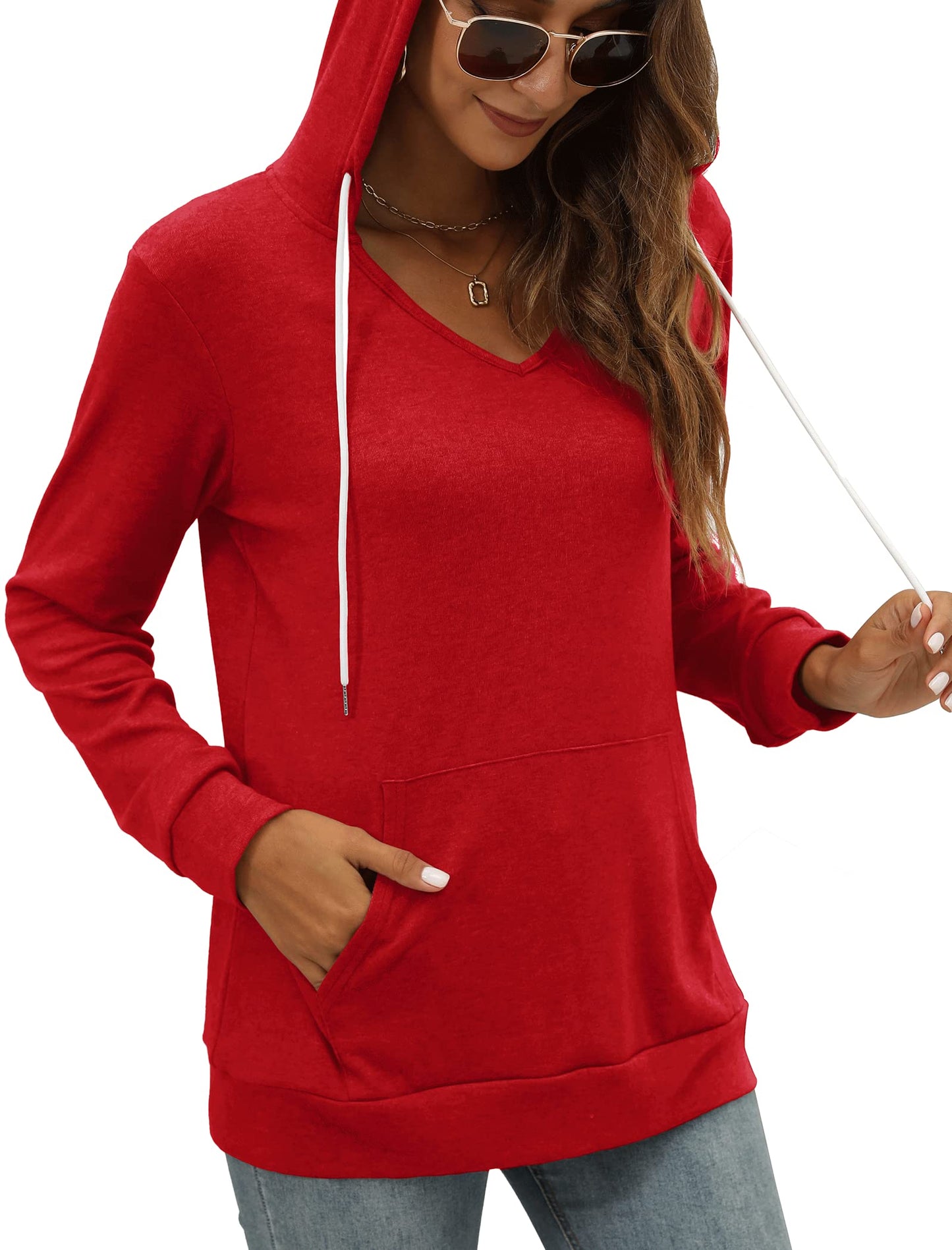 Pocket Hoodies for Womens V Neck Lightweight Sweatshirts Long Sleeve Tops