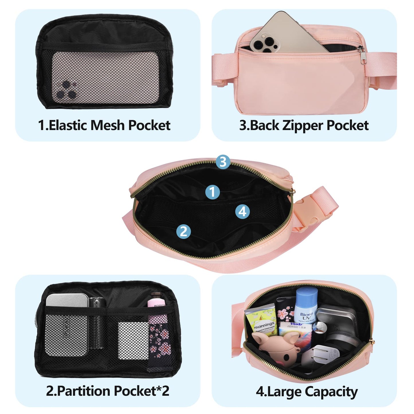 VOROLO Fanny Pack Christmas Gift For Women And Men Crossbody Bag Belt Bag Bum Bag with Adjustable Strap for Sports Black