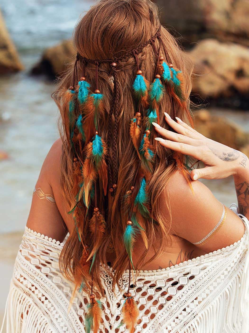 GORTIN Boho Feather Headband Gypsy Headpiece Headdress Bohemian Hippie Headbands Indian Festival Hair Band Adjust Long Feather Hair Accessories for Women and Girls (Black+Green)