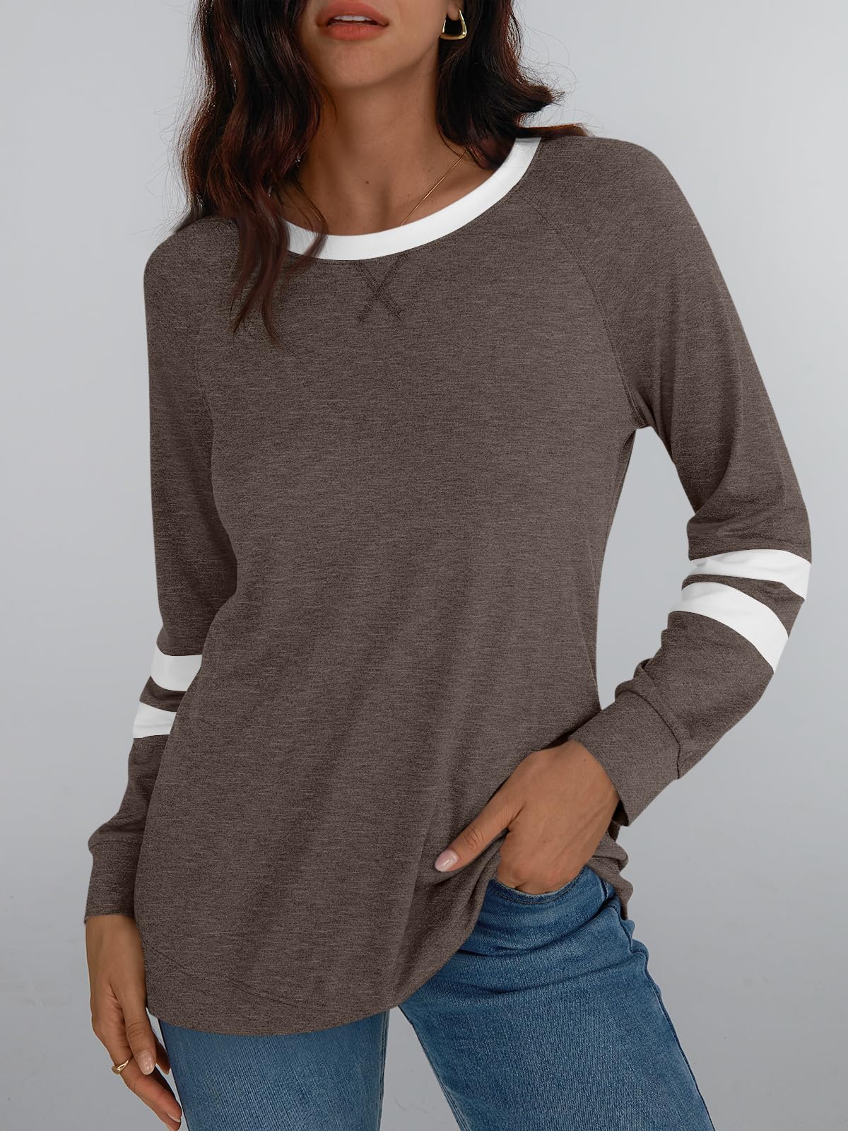 Womens Long Sleeve Shirts Color Block Casual Crewneck Tops Tshirt