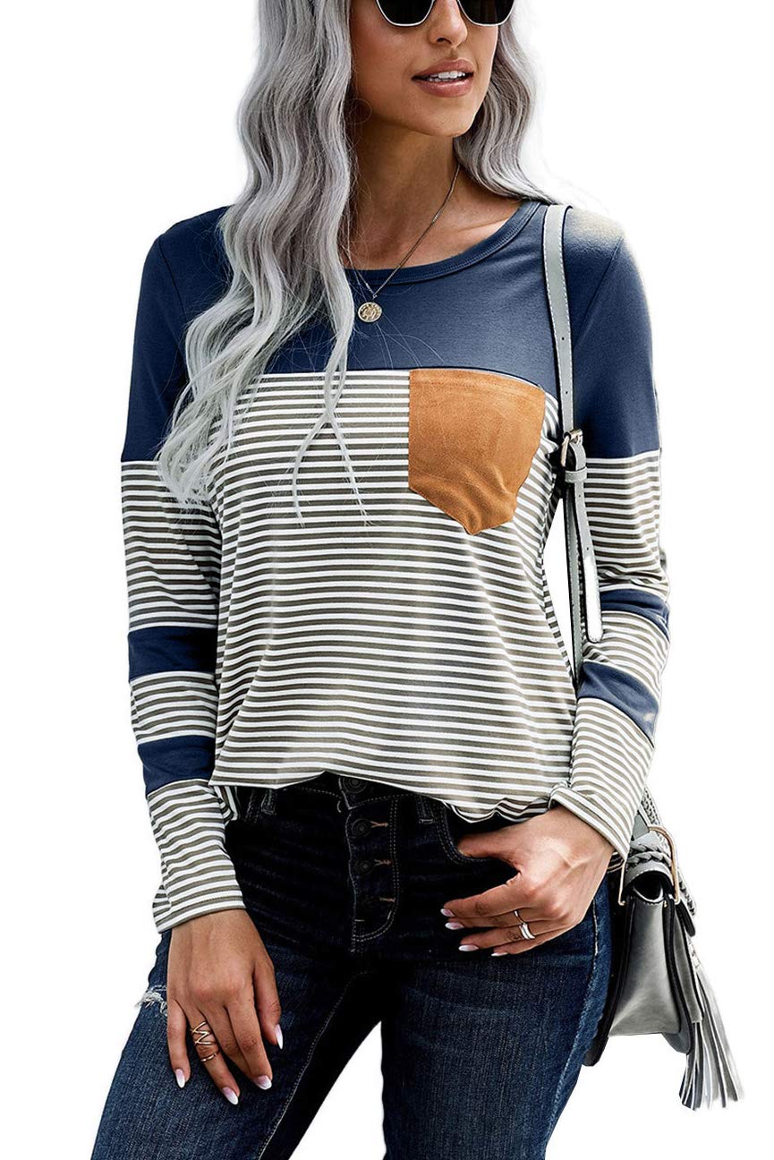 Womens Color Block Loose Long/Short Sleeve T Shirts Casual Comfy Tops