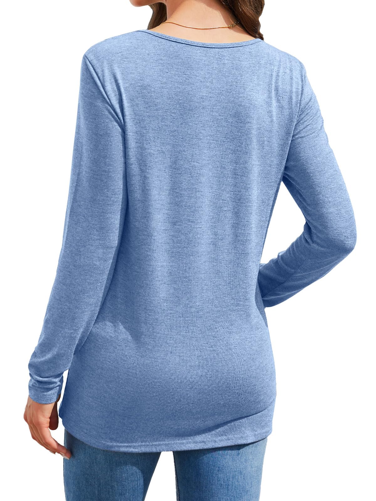 Womens Casual Long Sleeve Tunic Shirts Round Neck Button Side Blouses Tops
