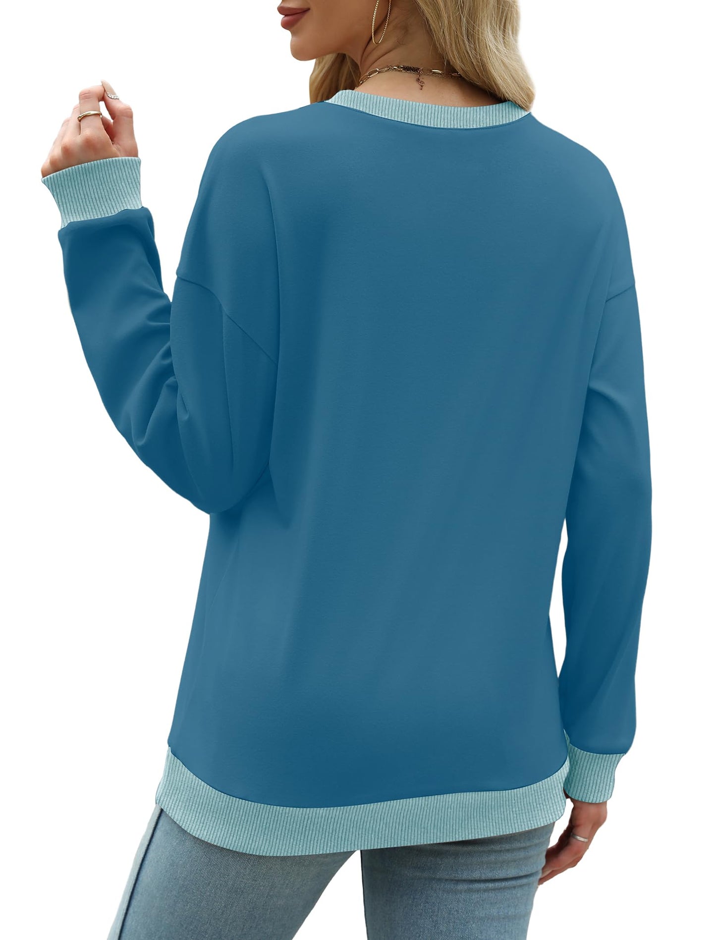 Sweatshirts for Women Crewneck Long Sleeve Loose Fit Tops Color Block Ribbed Trim Fashion