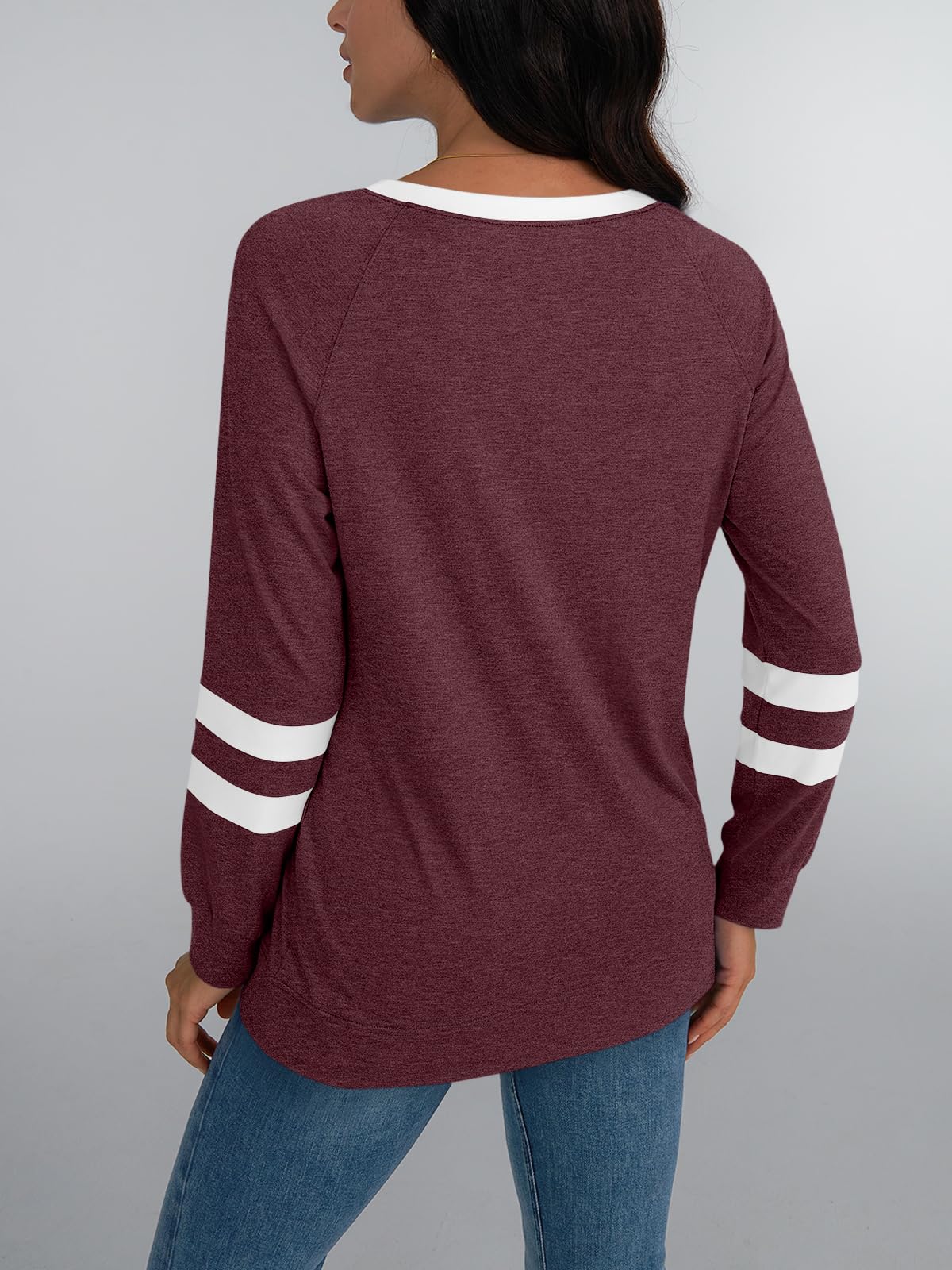 Womens Long Sleeve Shirts Color Block Casual Crewneck Tops Tshirt