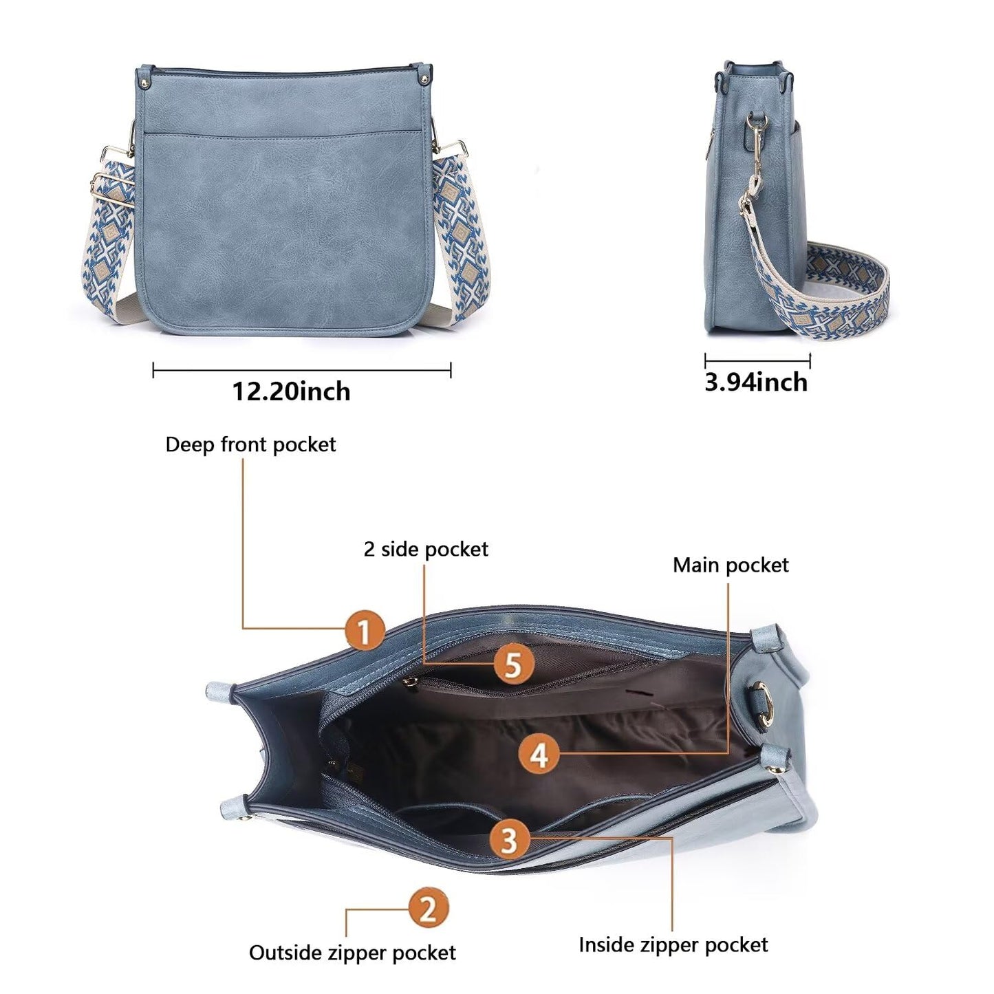 Vegan Leather Crossbody Bags for Women, Crossbody Purse with Guitar Strap Zipped Pockets Handbag