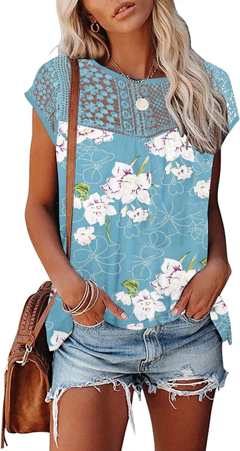 Womens Cap Sleeve Tops 2024 Trendy Floral Print Summer Tops Loose Fit Lace T Shirts Blouses