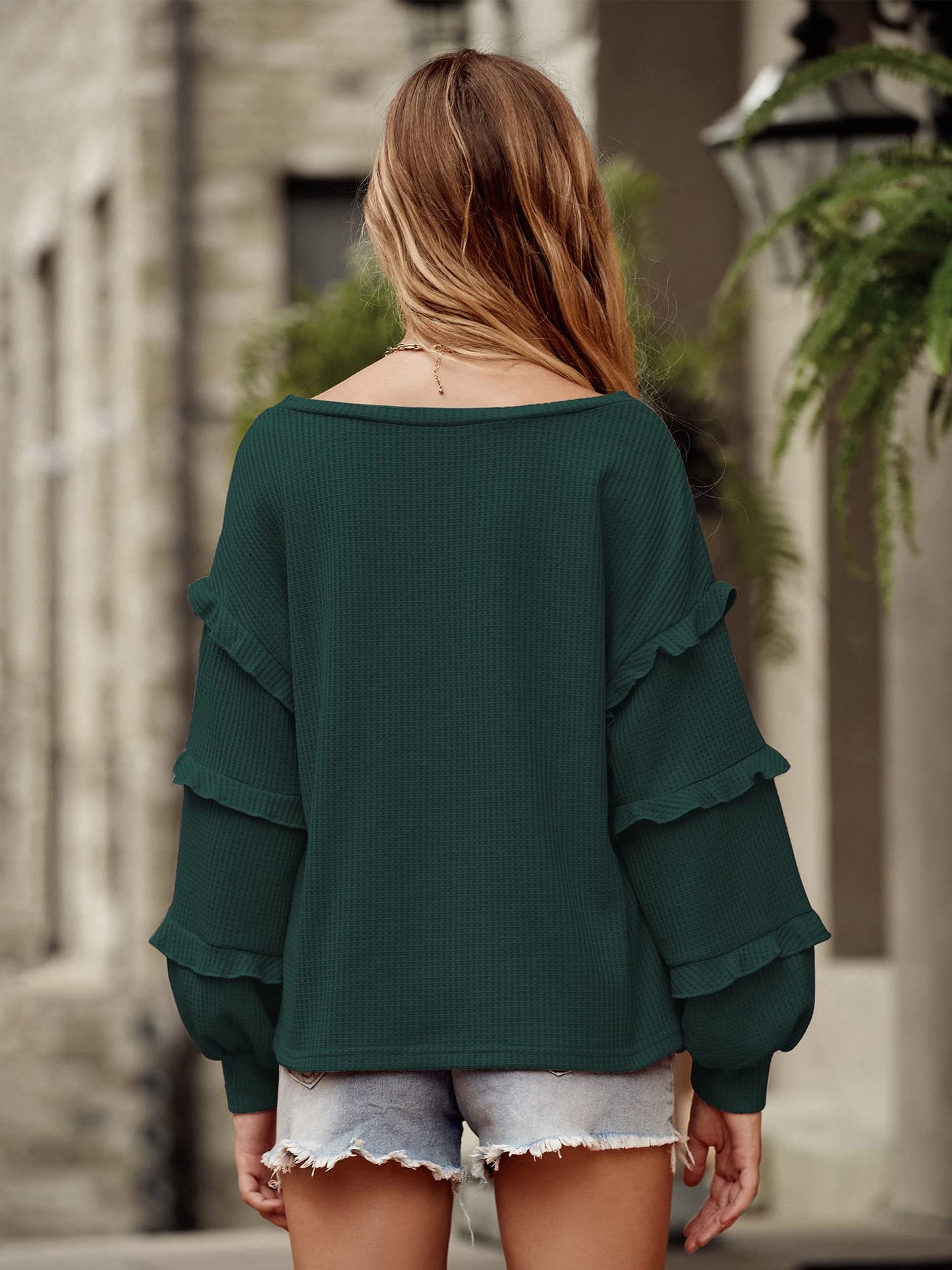 Women’s V Neck Long Sleeve Blouse Loose Fit Tunics Ruffles Off Shoulder Waffle Knit Solid Color Tops