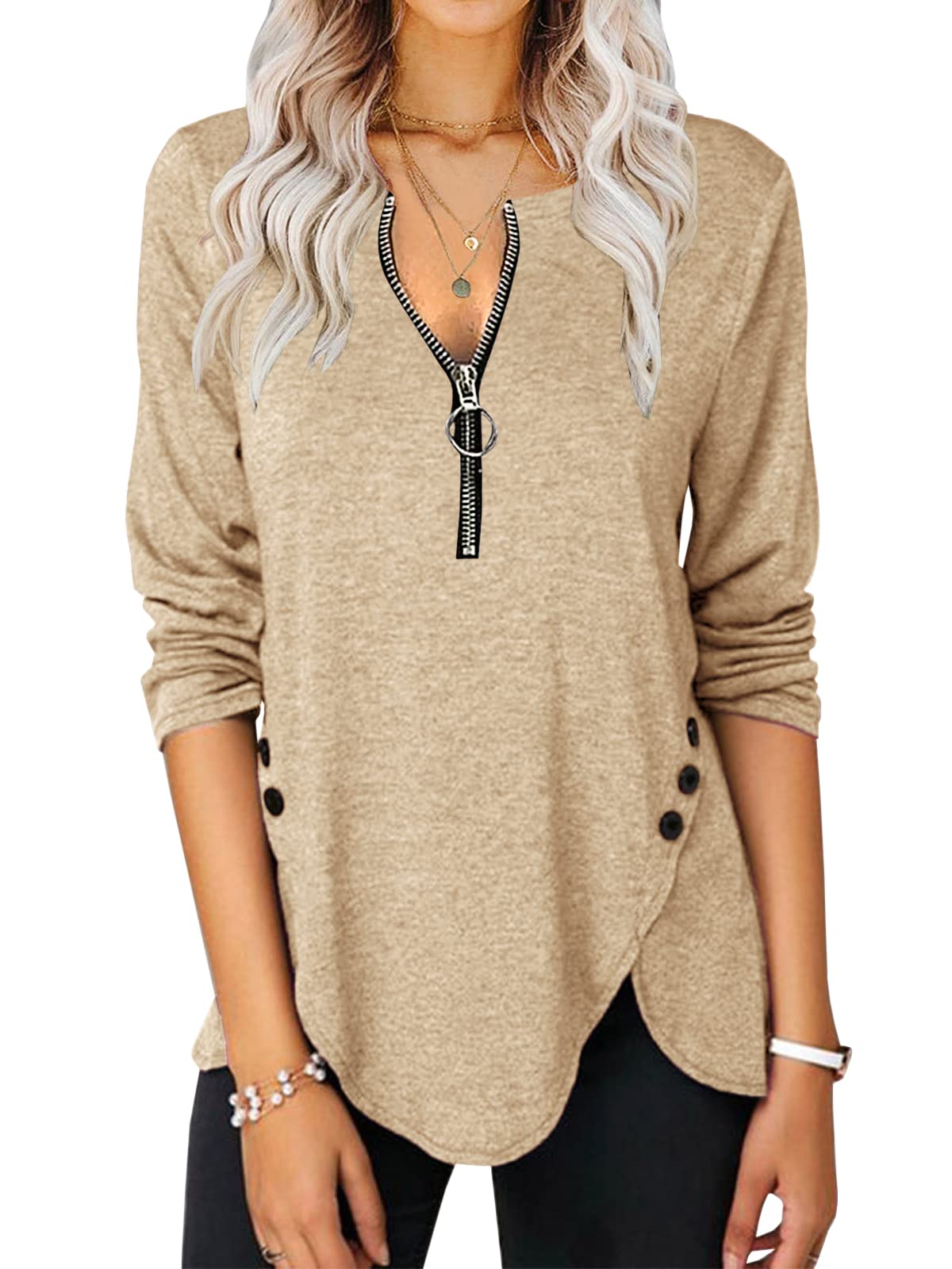 Womens Casual Long Sleeve Tunic Shirts Round Neck Button Side Blouses Tops