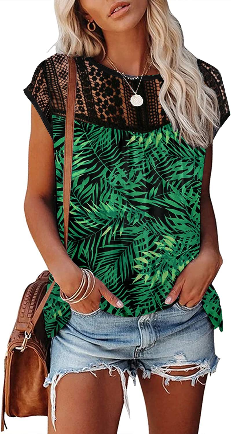 Womens Cap Sleeve Tops 2024 Trendy Floral Print Summer Tops Loose Fit Lace T Shirts Blouses