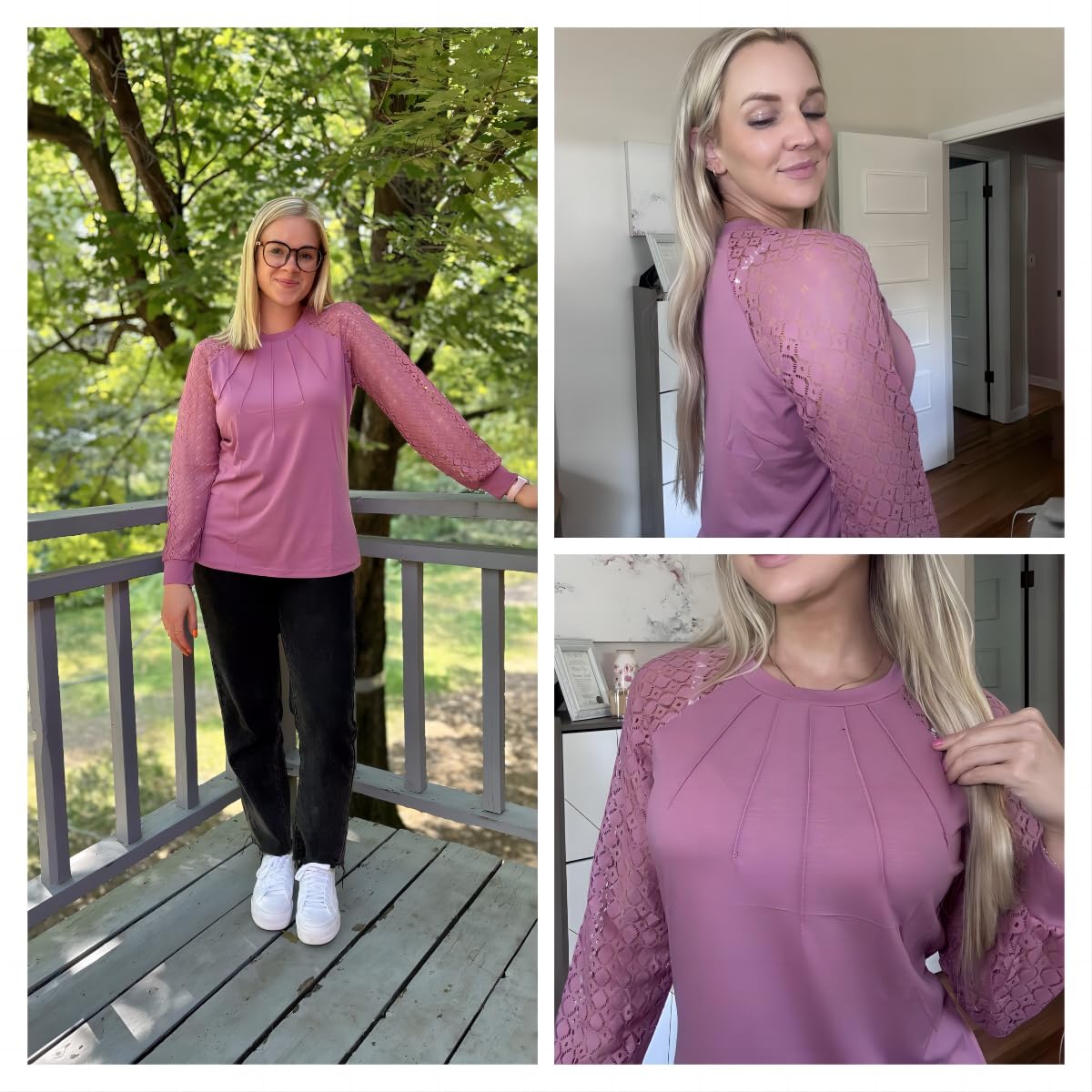Women's Lace Long Sleeve Tops Dressy Business Casual Blouses Front Pleated Work Shirts