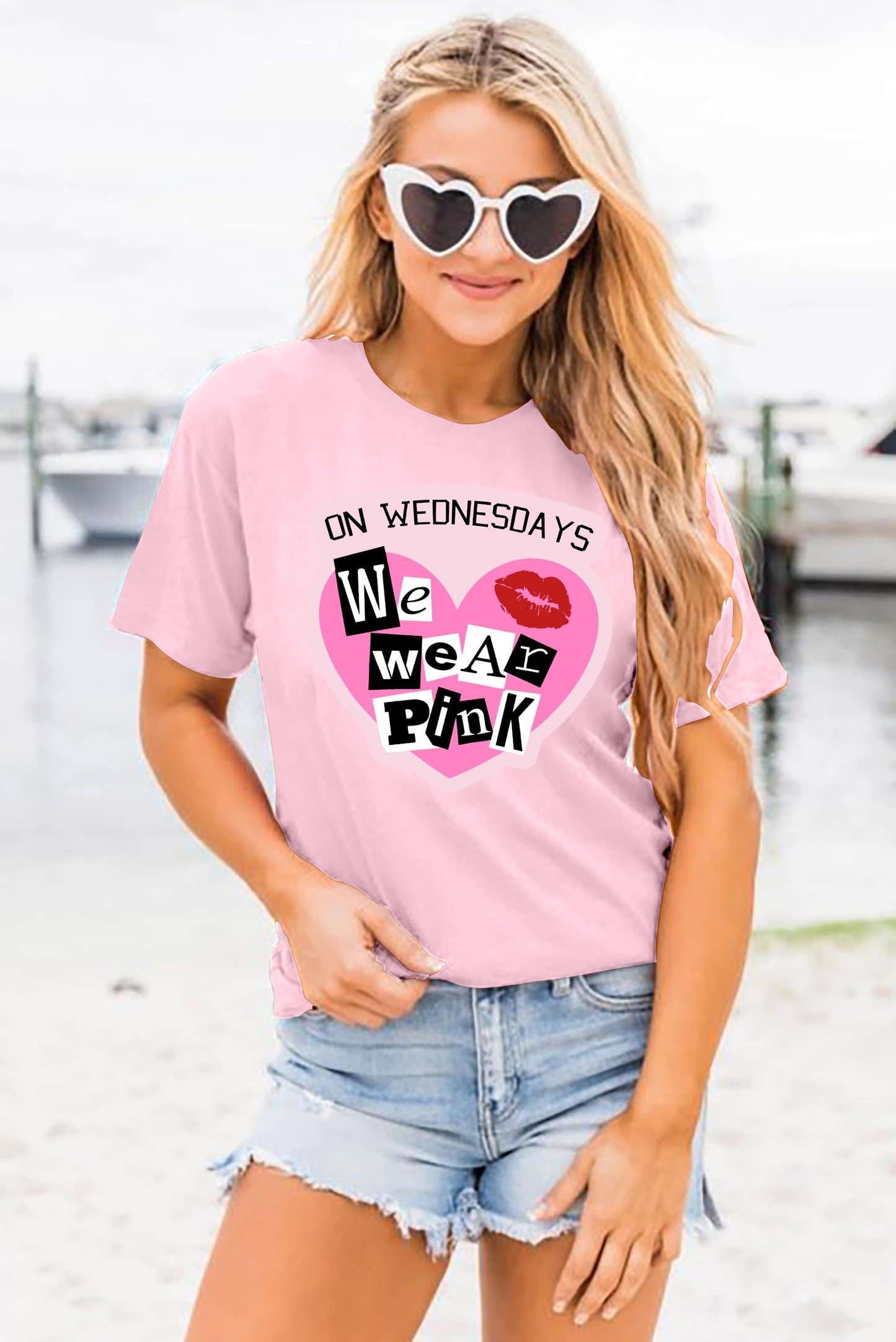 On Wednesday We Wear Pink Shirt Women Breast Cancer T Shirt Short Sleeve Print Tees Gifts for Girls Matching Outfits Top