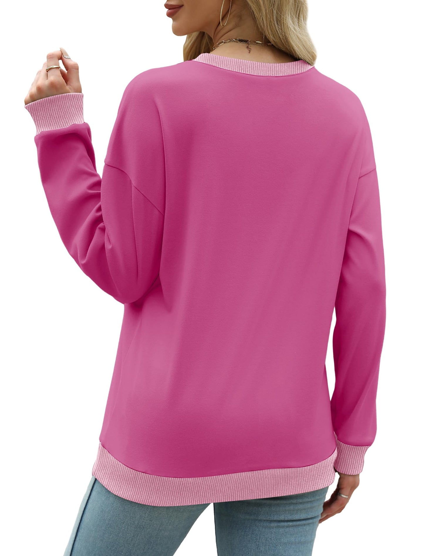 Sweatshirts for Women Crewneck Long Sleeve Loose Fit Tops Color Block Ribbed Trim Fashion