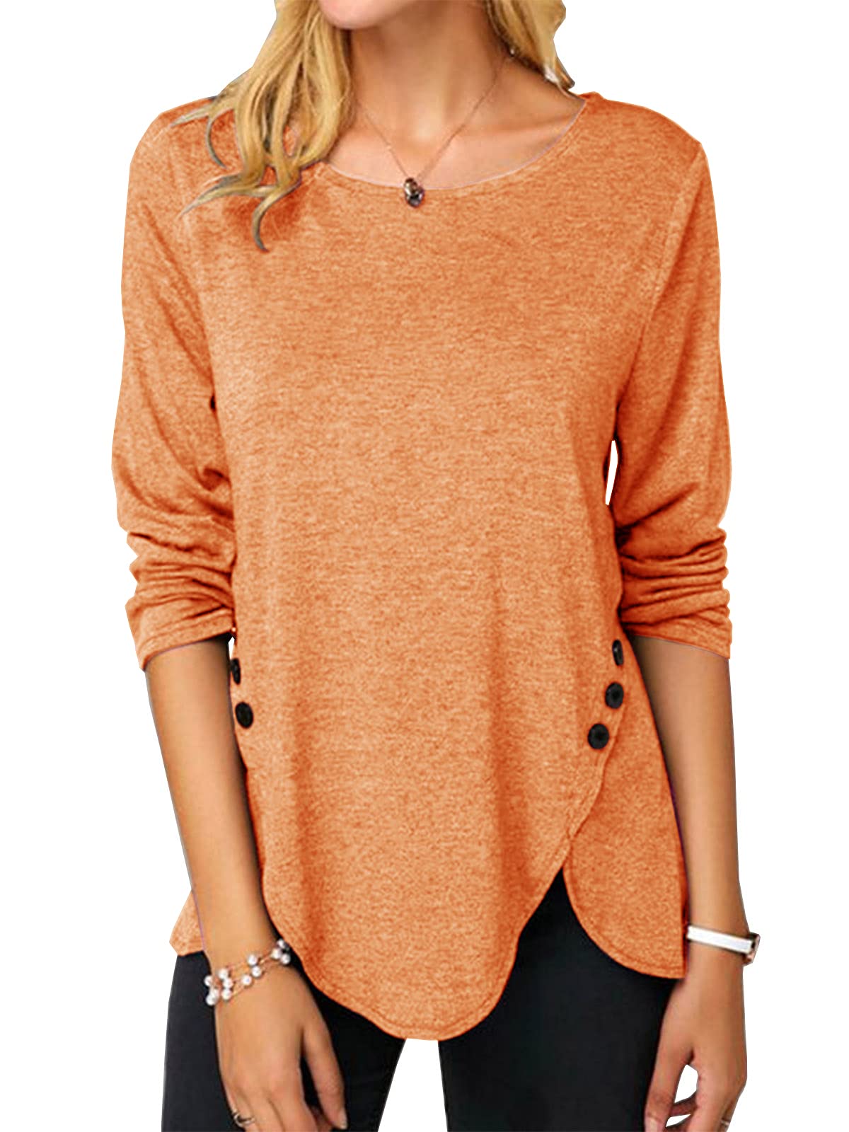 Womens Casual Long Sleeve Tunic Shirts Round Neck Button Side Blouses Tops