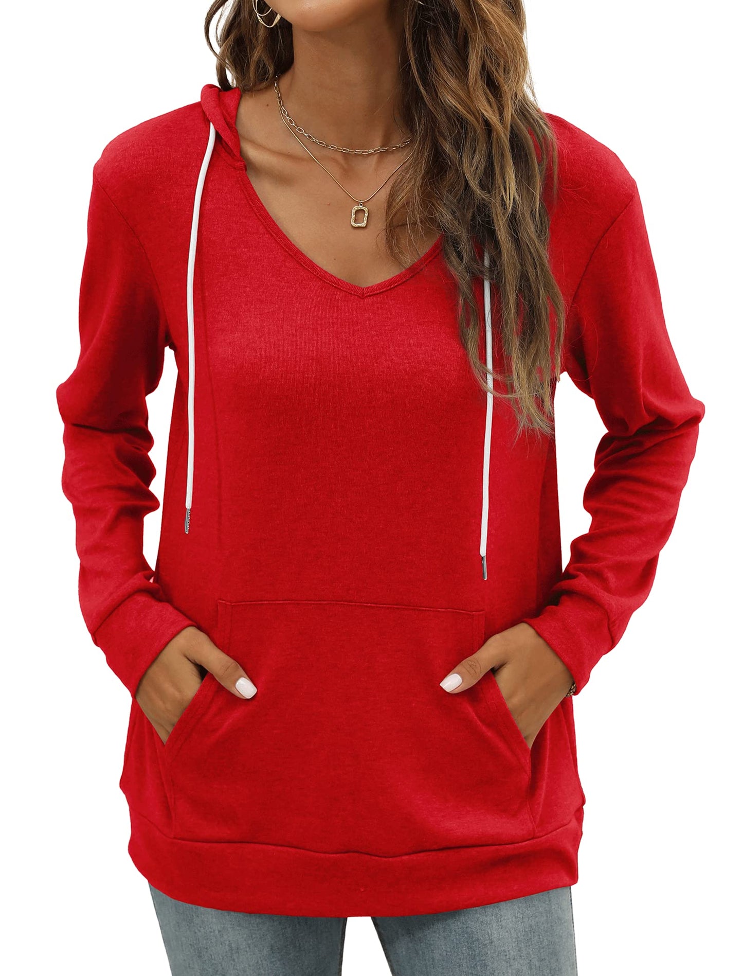 Pocket Hoodies for Womens V Neck Lightweight Sweatshirts Long Sleeve Tops