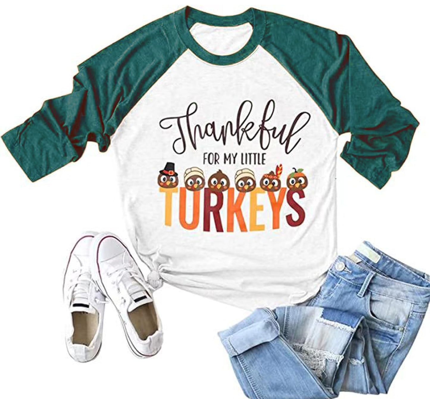 Thankful for My Little Turkeys Shirt Women Thanksgiving Tshirt Cute Graphic Raglan 3/4 Sleeve Baseball Tee Tops