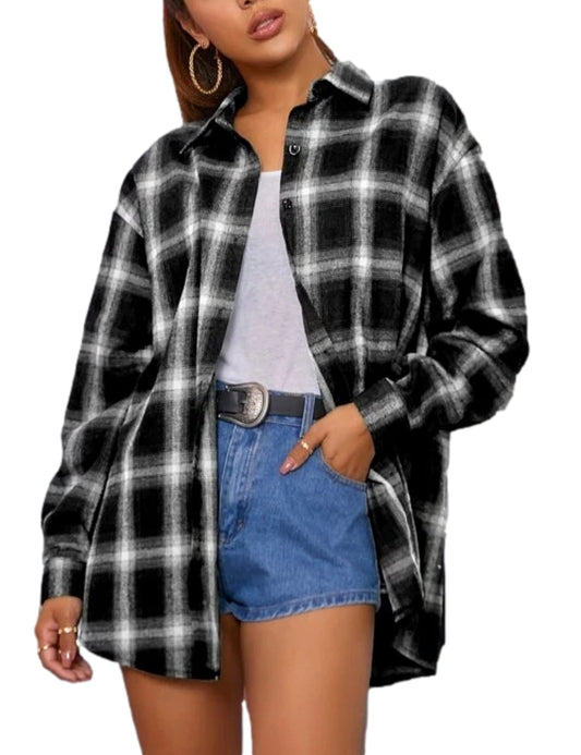 Plaid Flannel Shirts for Women Oversized Long Sleeve Button Down Buffalo Plaid Shirt Blouse Tops