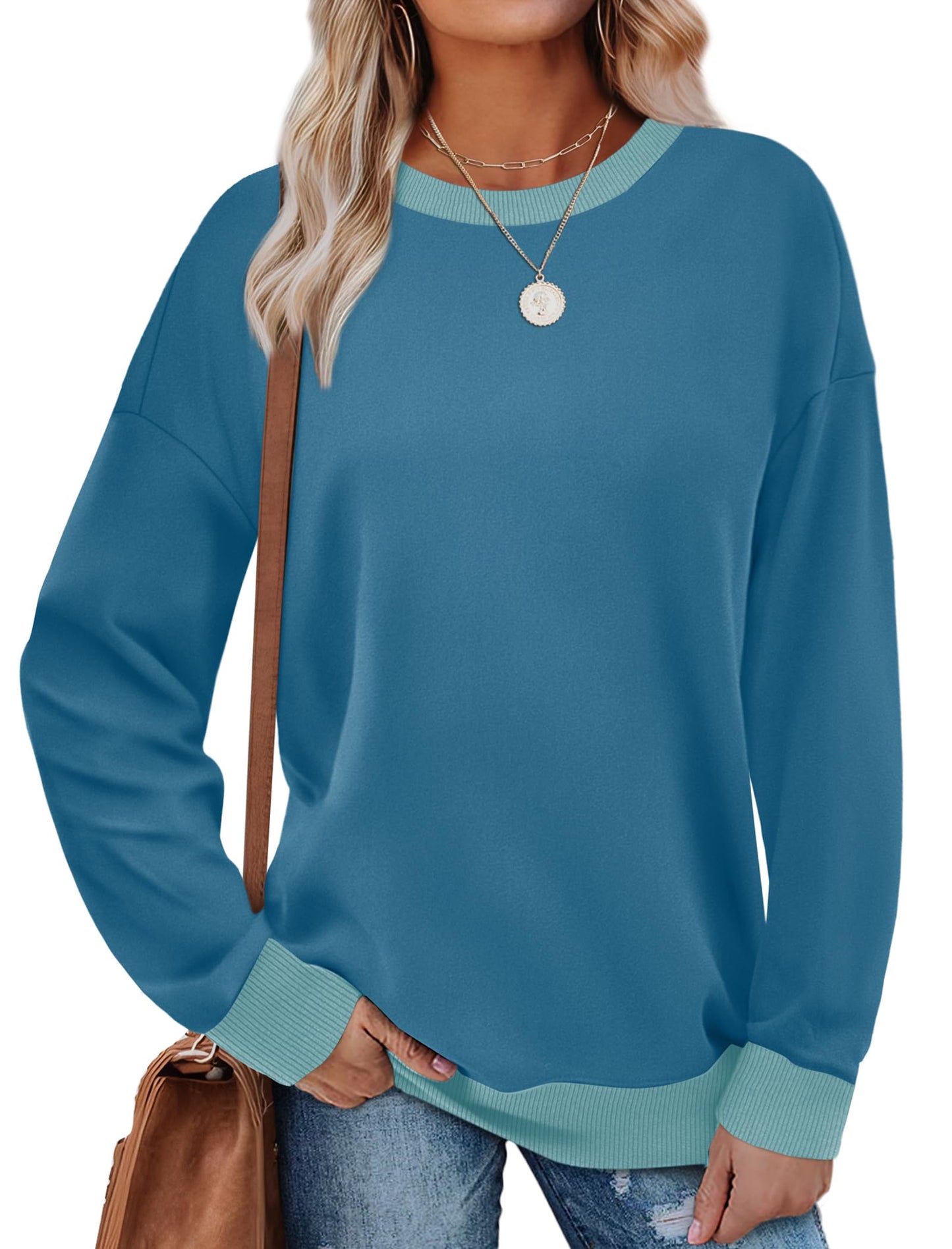 Sweatshirts for Women Crewneck Long Sleeve Loose Fit Tops Color Block Ribbed Trim Fashion