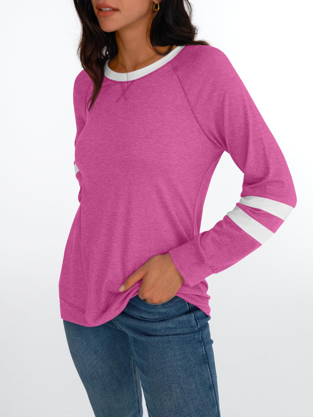Womens Long Sleeve Shirts Color Block Casual Crewneck Tops Tshirt Basic Tees Fashion Clothes Trendy Outfits