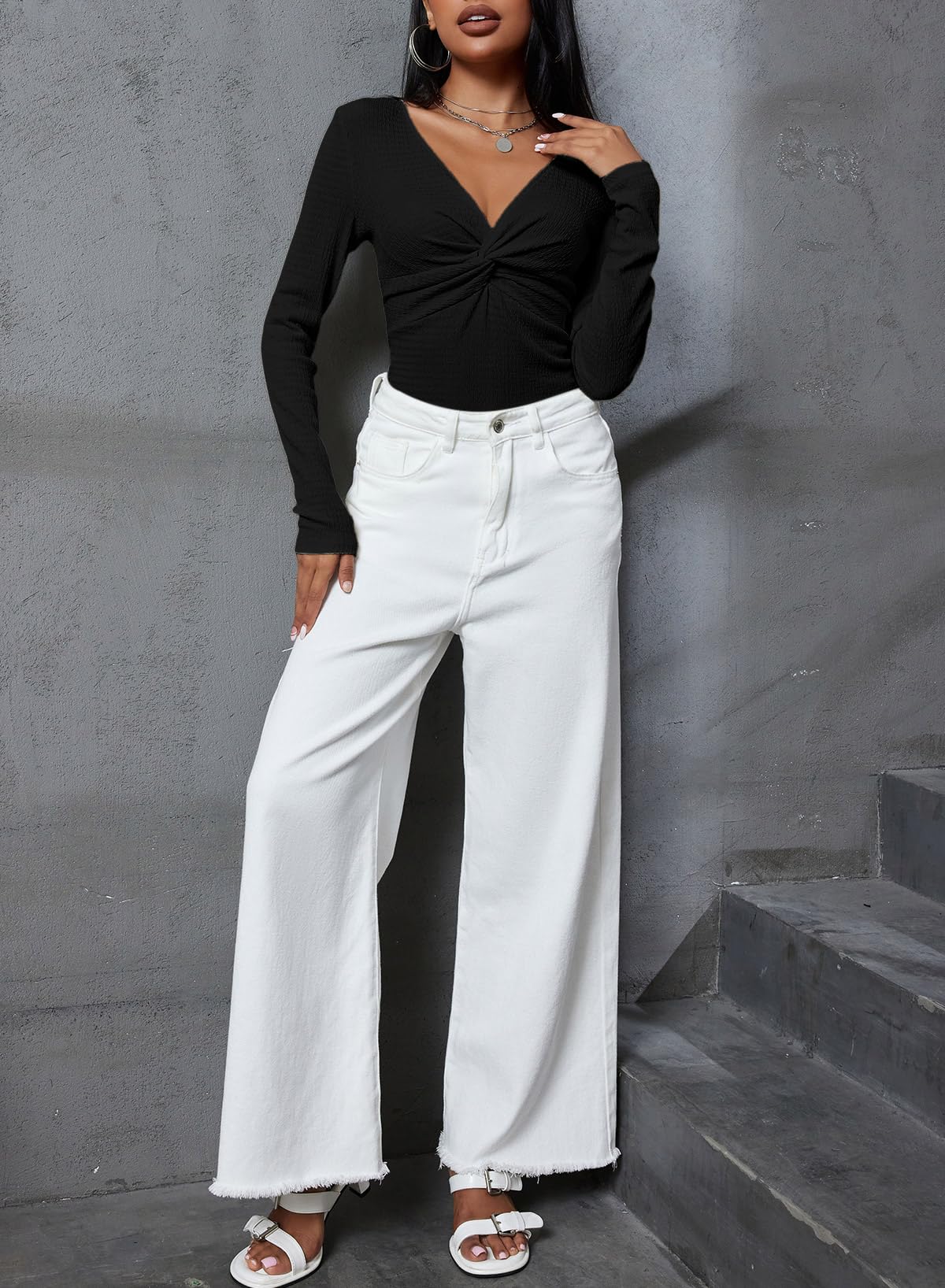 Long Sleeve Tops for Women Fall 2024 Womens V Neck Sexy T Shirts for Women Fitted Shirts Tight Basic Tee