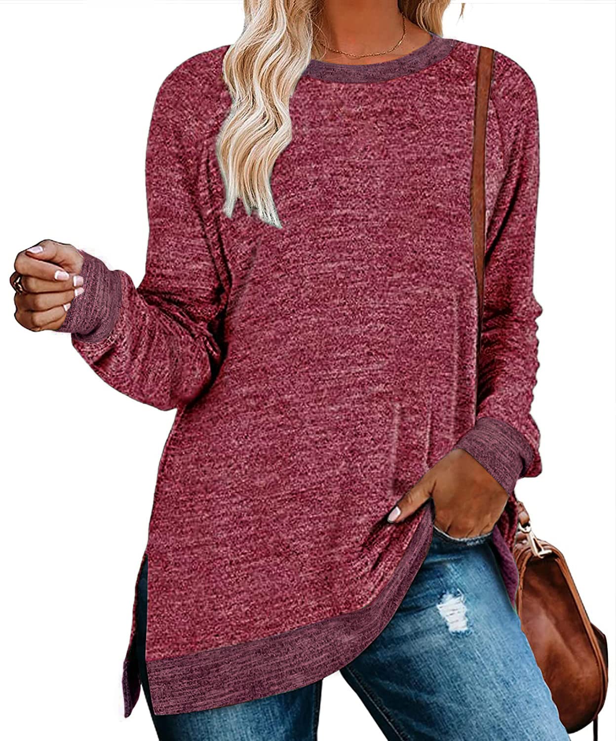 Womens Crewneck Pullovers Color Block Long Sleeve Side Split Tunic Tops