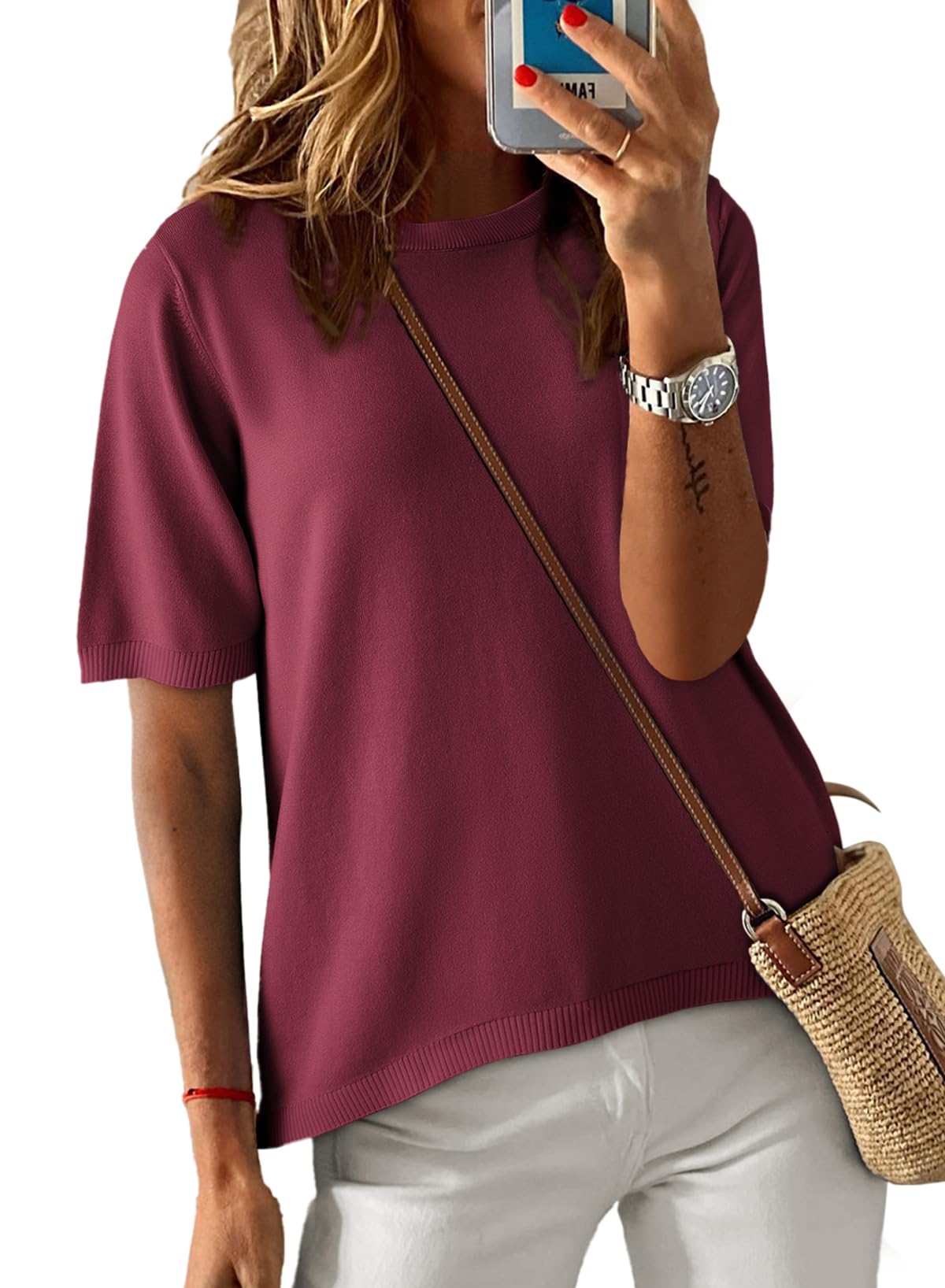 Womens Tops CasualCrewneck Short Sleeve Striped Color Block Knit Trendy Pullover Sweaters