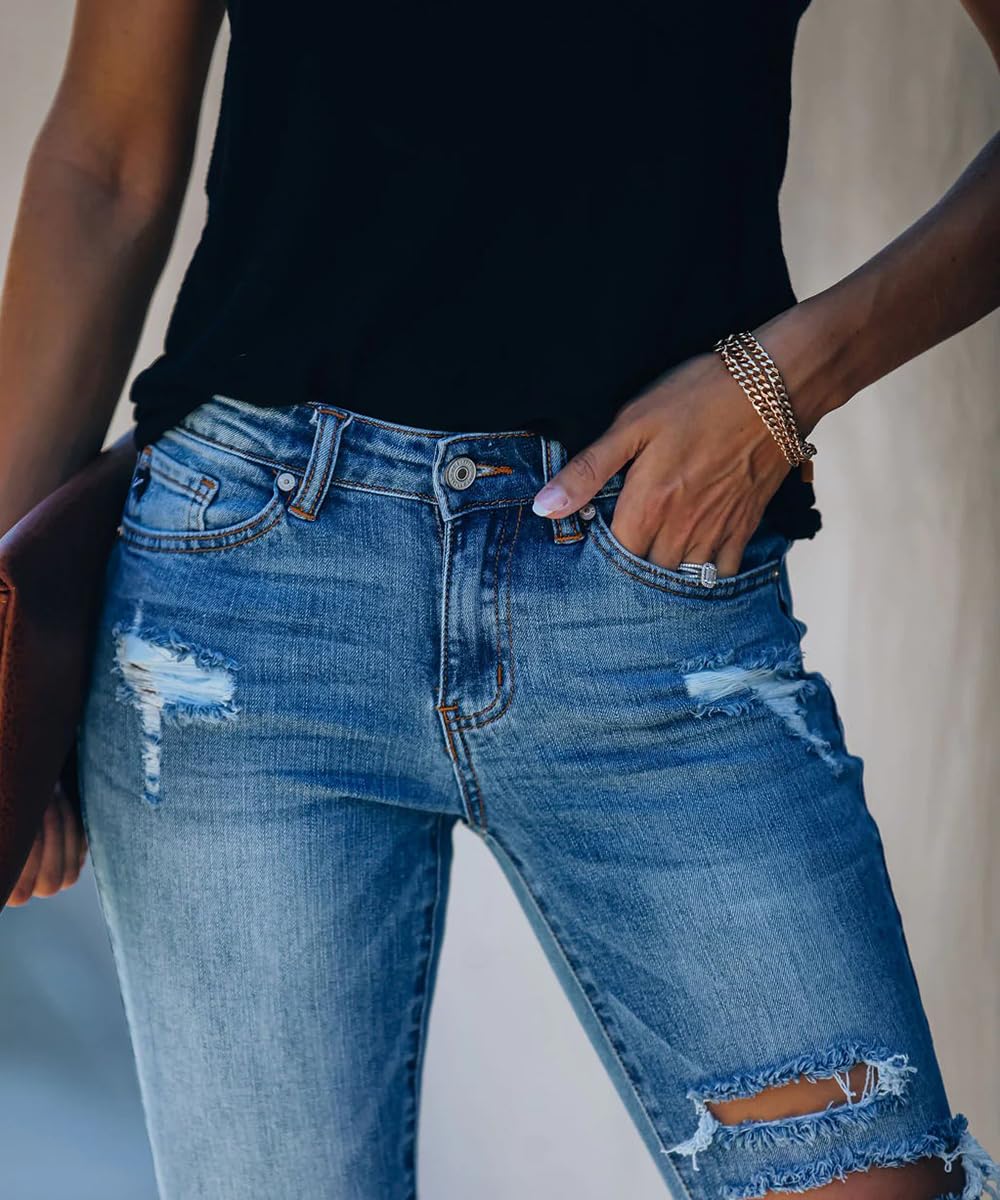 Women's Ripped Skinny Jeans Distressed Stretchy Denim Pants