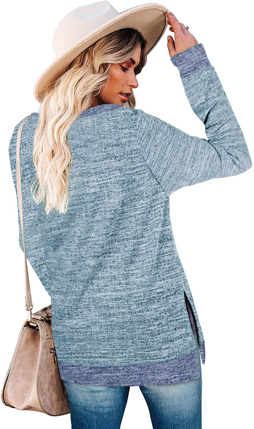 Womens Crewneck Pullovers Color Block Long Sleeve Side Split Tunic Tops