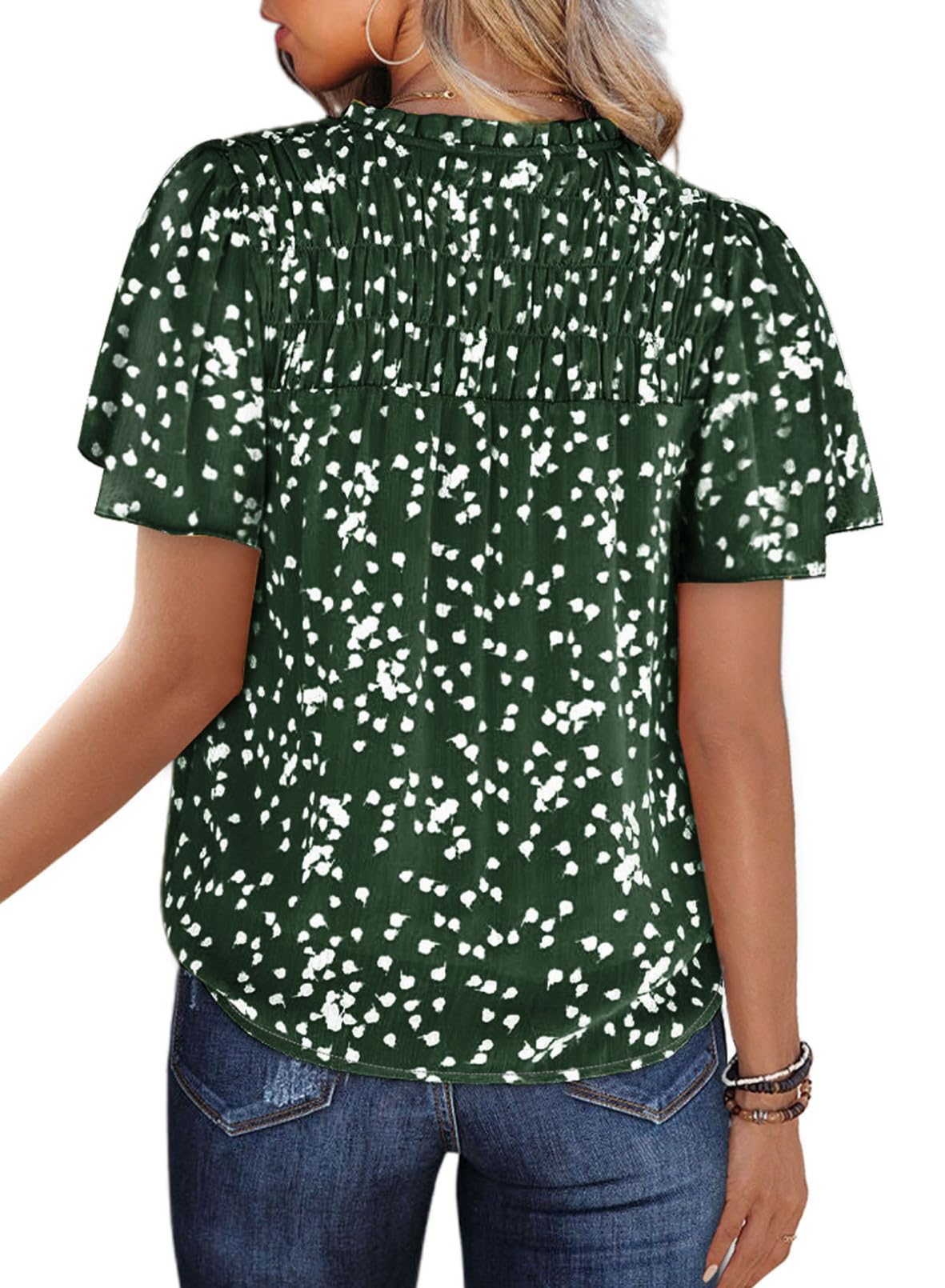 Women's Casual V Neck Floral Print Smocked Short Sleeve Chiffon Blouses Bohemian Top Shirts