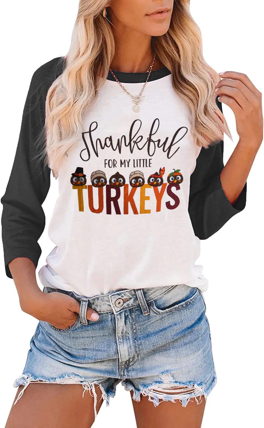 Thankful for My Little Turkeys Shirt Women Thanksgiving Tshirt Cute Graphic Raglan 3/4 Sleeve Baseball Tee Tops