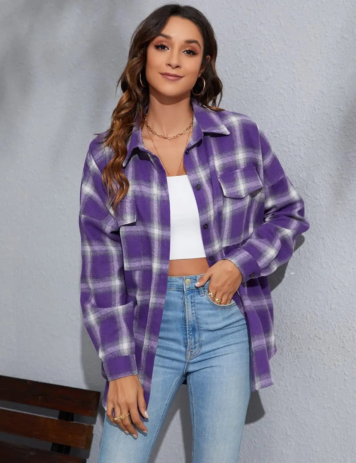 Women's Button Down Flannel Shirts Plaid Shacket Long Sleeve Collared Business Casual Tops Work Blouses